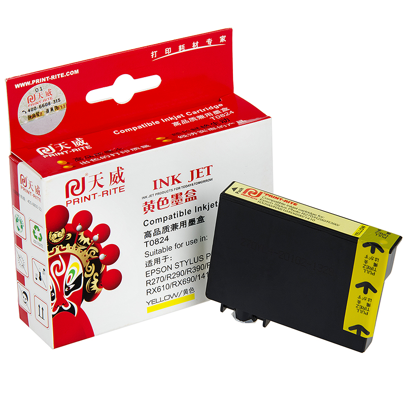 天威 兼容EPSON-T0824/R270/T50墨盒（含墨水）黄色单支装（适用EPSONStylusPhoto R270/R290/R390/RX590）打印量：570页（单位：盒）