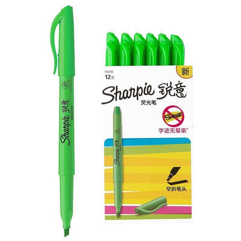 锐意(Sharpie)窄斜笔头荧光笔纸盒装12支/盒(单位：盒)绿色