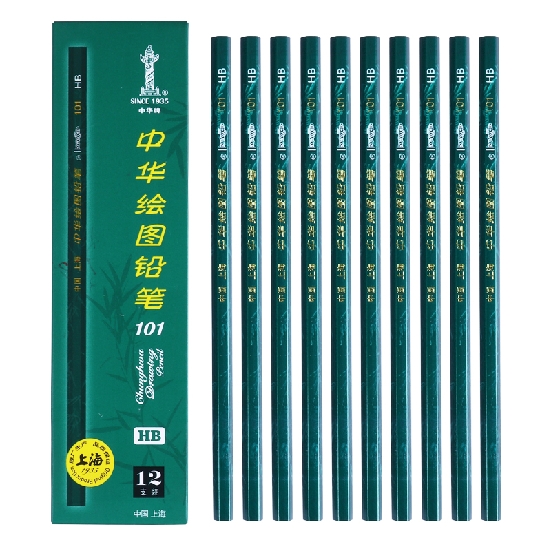 中华101-HB素描绘图铅笔绿杆12支/盒(盒)