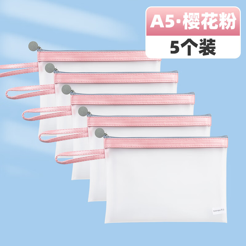 天色A5磨砂文件袋防水透明资料袋TS-259樱花粉5个装（包）