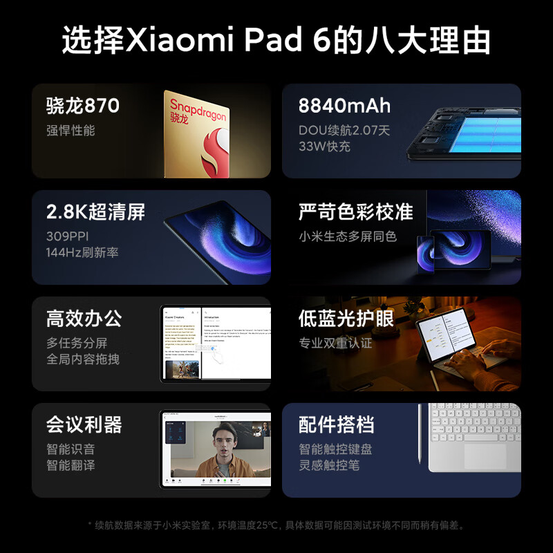 小米平板6(xiaomiPad)11英寸 骁龙870144Hz高刷护眼 2.8K超清 8+128GB会议笔记移动办公娱乐平板电脑 远山蓝（台）