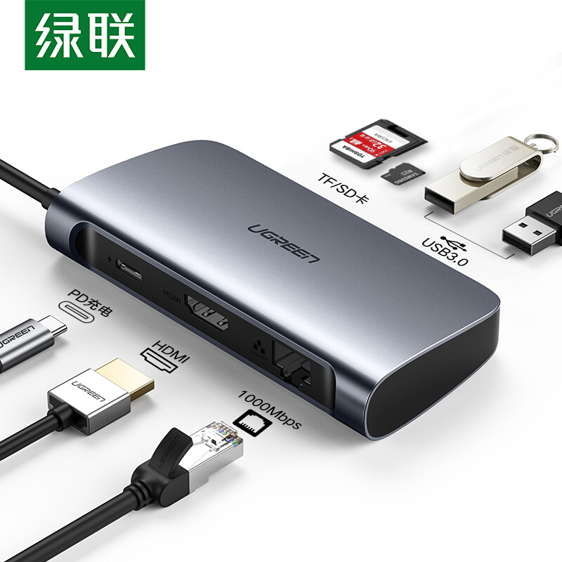 【停用】绿联50852USB扩展坞Type-C转HDMI+USB3.0+千兆网口+TF/SD读卡转换器（单位：个）