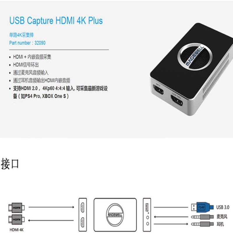 美乐威（MAGEWELL）USB Capture HDMI 4K Plus免驱外置高清视频采集卡（单位：台）