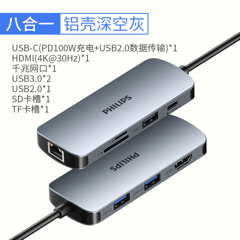 飞利浦Type-C扩展坞拓展usb雷电3转HDMI小米华为苹果mac本转接头 八合一SWR1602G/93（个）