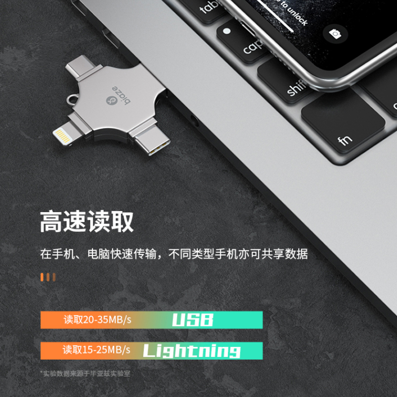 毕亚兹 64G USB Lightning Type－C MicroUSB梯形口 苹果安卓华为手机电脑通用四接口存储U盘 U6（单位：个）