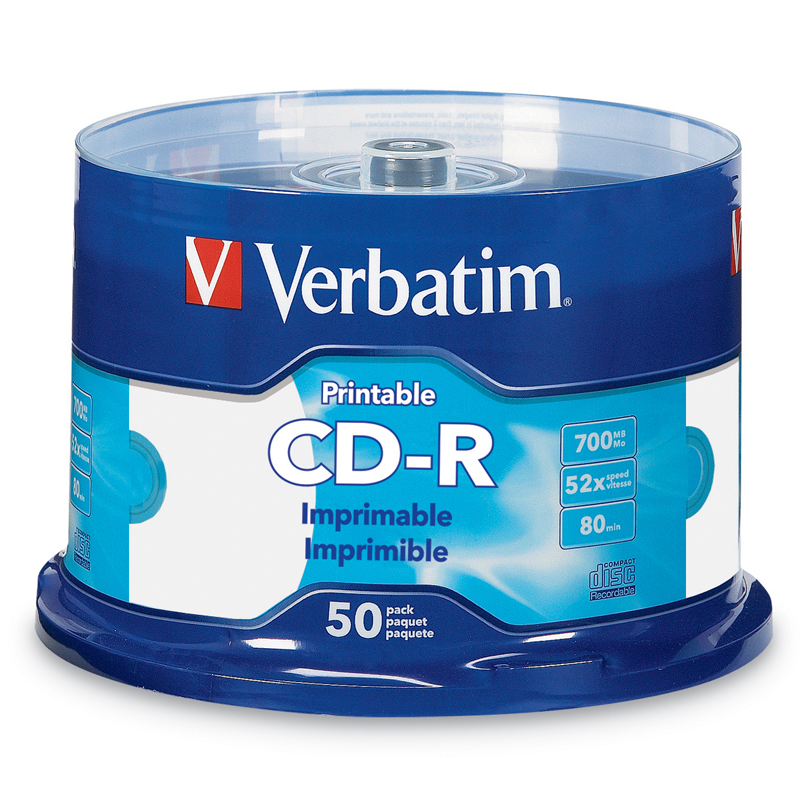 威宝（Verbatim）CD-R 光盘/刻录盘 52速700MB 桶装50片 空白光盘 台产可打印 98473（桶）