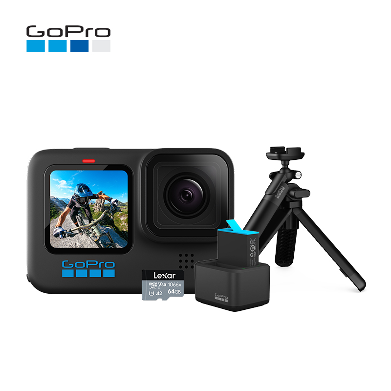 GoPro HERO10 Black运动相机续航礼盒单机+三向自拍杆+双充+单电池+64G内存卡(套)