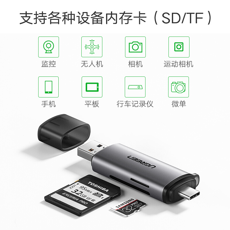 绿联50706多功能读卡器Type-C+USB3.0（个）