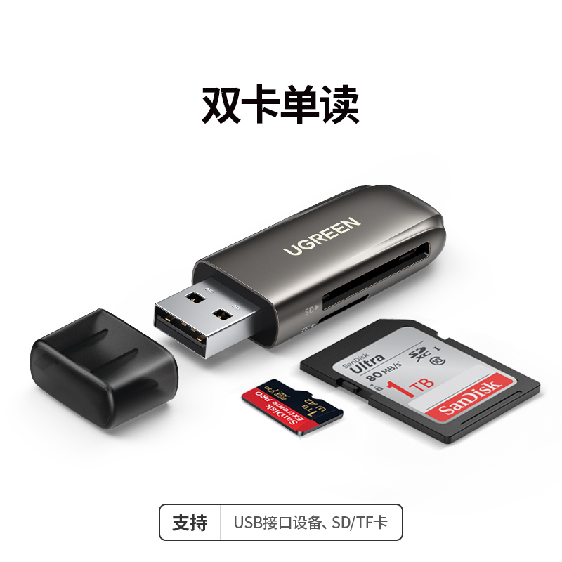 绿联 USB3.0高速读卡器 锌合金多功能二合一读卡器 支持SD/TF手机单反相机行车记录仪监控存储内存卡80552（个）