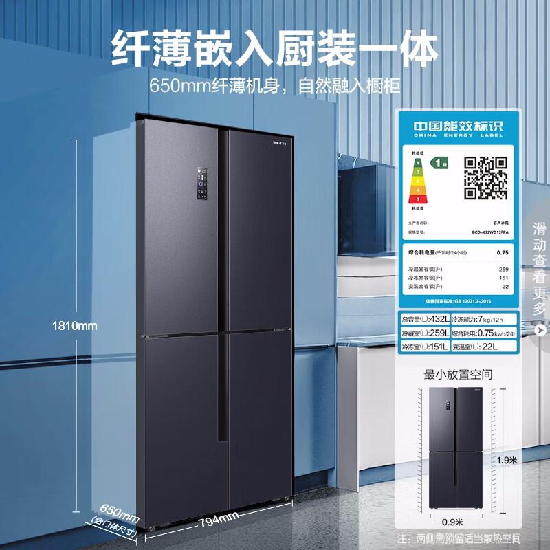 容声（Ronshen）冰箱 432升变频一级能效十字对开门四门冰箱家用风冷无霜净味超薄机身大容量 BCD-432WD13FPA（台）