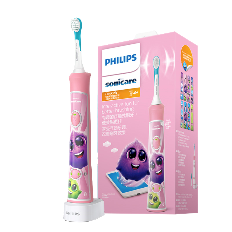 飞利浦（PHILIPS）儿童电动牙刷男女生蓝牙版 适用4-6-12岁 2种模式自带2支迷你刷头+8款多彩贴纸 粉色HX6352/43(盒)
