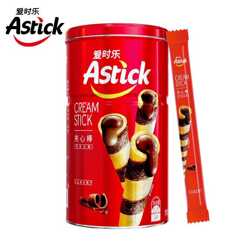 爱时乐（Astick） 巧克力味夹心棒(注心饼干）蛋卷威化饼干休闲零食小吃330g罐装(罐)