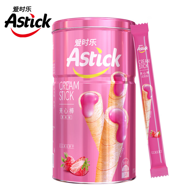 爱时乐（Astick）草莓味夹心棒(注心饼干）蛋卷威化饼干休闲零食小吃 330g罐装(罐)