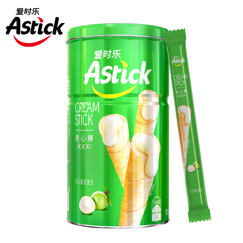 爱时乐（Astick）椰香味夹心棒(注心饼干）蛋卷威化饼干休闲零食小吃 330g罐装(罐)