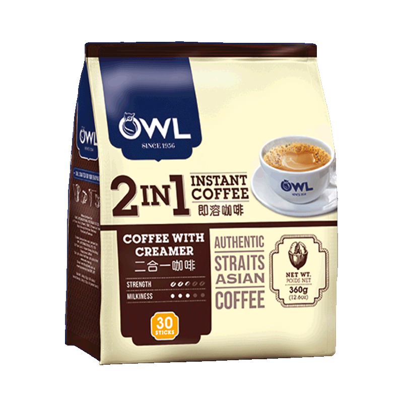 猫头鹰（OWL）二合一无添加蔗糖速溶咖啡粉1080g（12g*30条*3包) 90条 冲调饮品(袋)