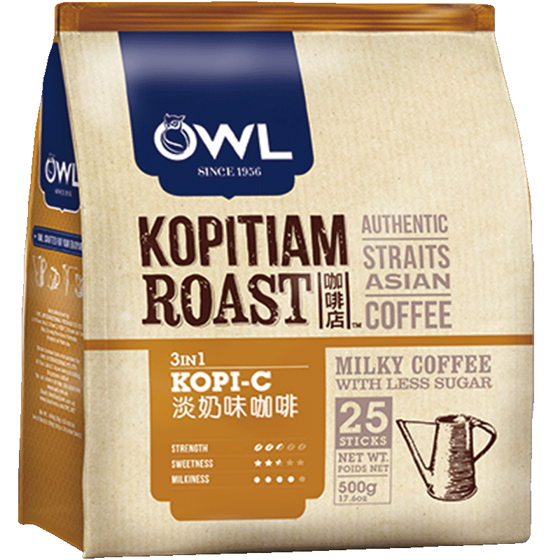 猫头鹰（OWL）三合一炭烧奶香速溶咖啡粉500g（20g*25条）冲调饮品马来西亚进口(袋)