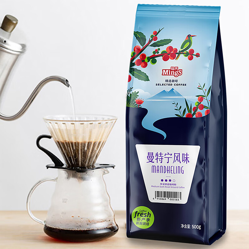铭氏Mings 曼特宁风味咖啡粉500g  精选阿拉比卡豆研磨黑咖啡中深烘焙(袋)