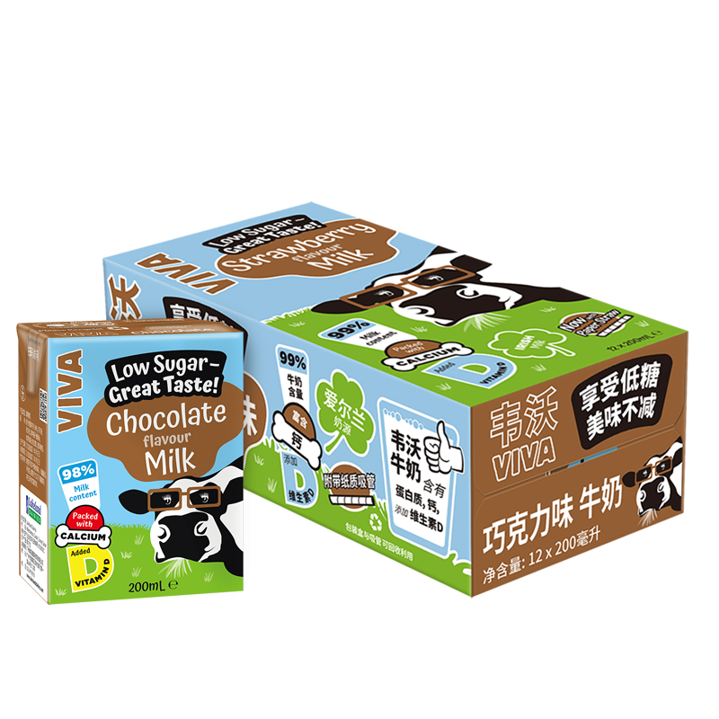 韦沃VIVA 爱尔兰进口  0蔗糖 巧克力口味牛奶200ml*12盒（单位：箱）