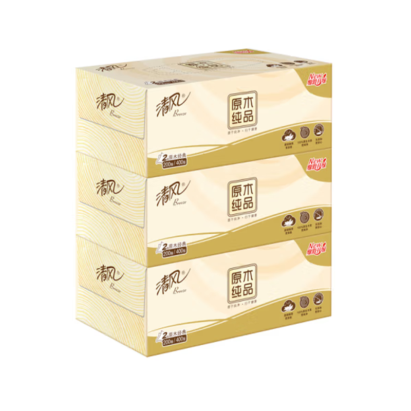 清风 原木纯品盒装 206*195mm面巾纸 双层200抽/盒 3盒/提 （单位：提）