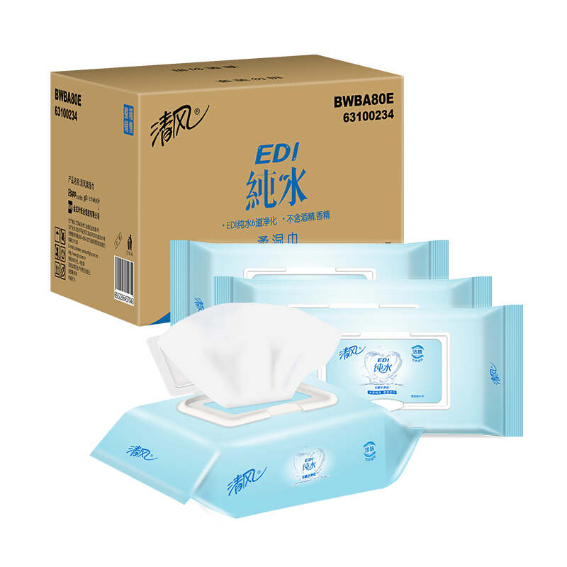 清风BWBA80E湿巾EDI纯水系列80片*4包/箱(整箱销售)(箱）