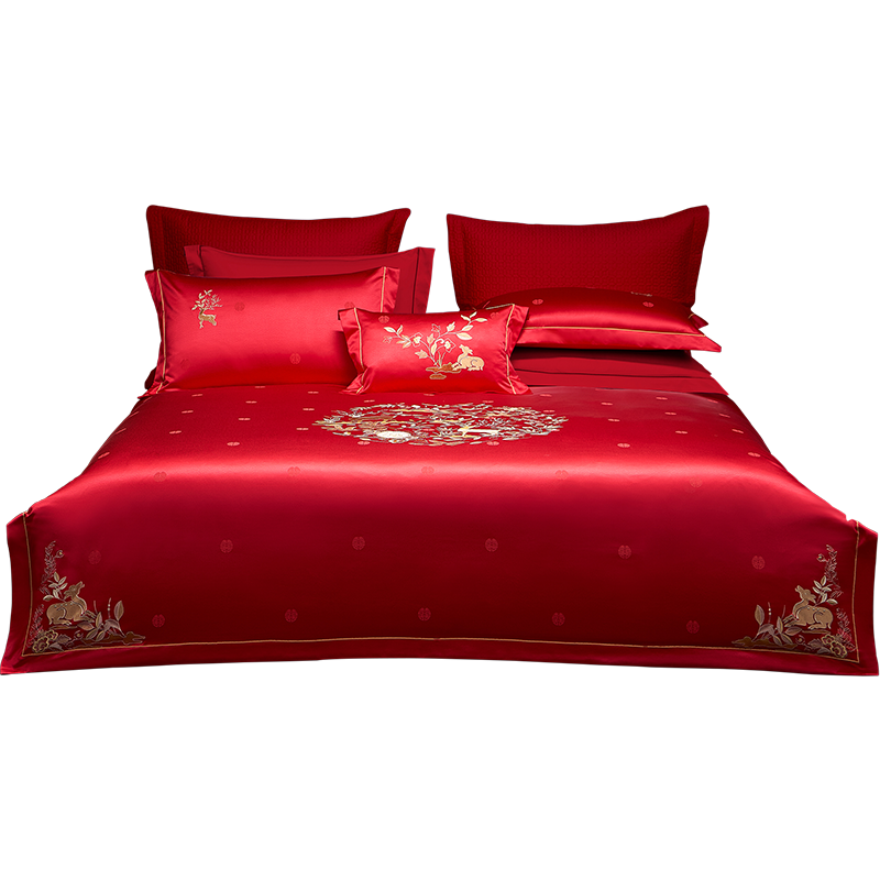 罗莱家纺结婚纯棉四件套红色被罩床单被套床上用品婚庆1.5米床200*230(套)