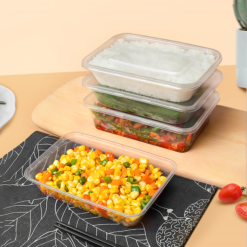 特美居 一次性饭盒500ml长方形透明塑料快餐盒加厚带盖300套装（箱）