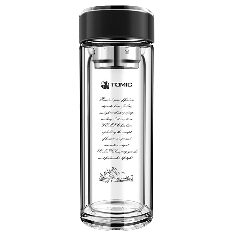 特美刻(TOMIC) TG82020 能双层高硼硅玻璃杯（智能盖，深水茶隔）360ML 智  黑色(单位：个)