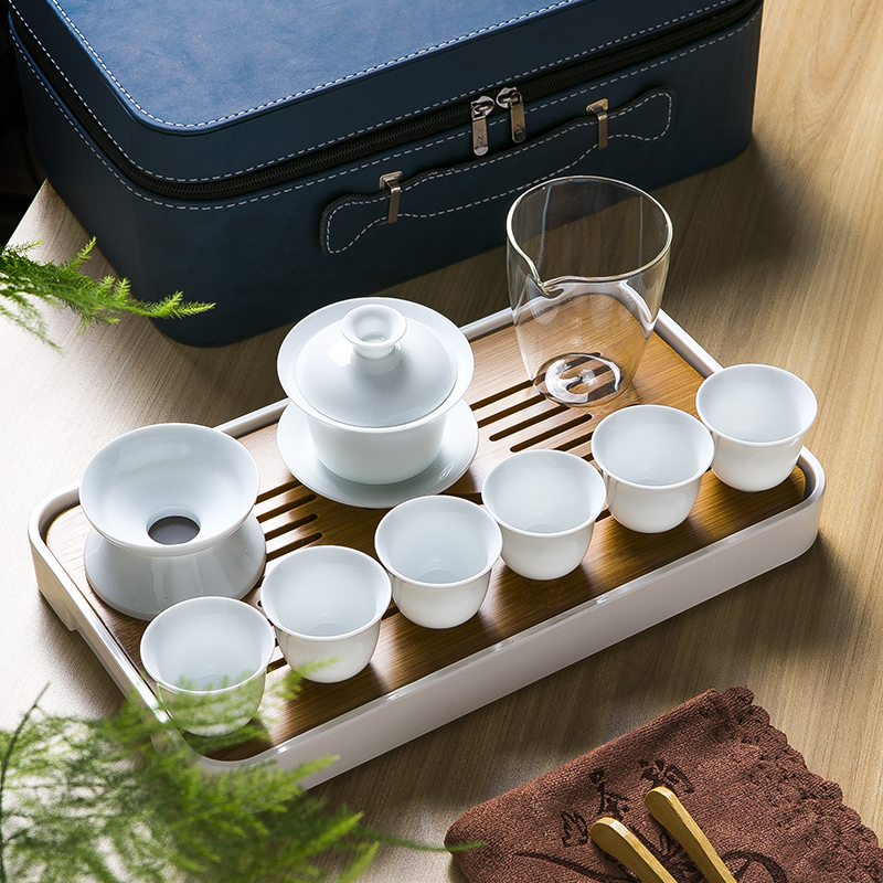 古时候盖碗茶杯白瓷茶具 家用简约收纳包 无忧大套10件 白色(单位：套)