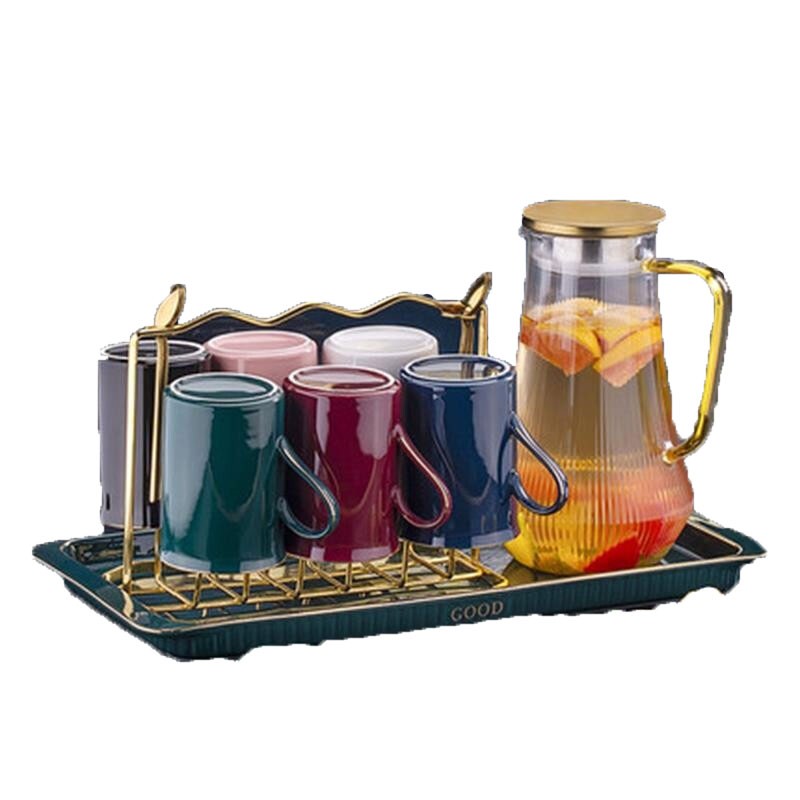 Homeglen客厅水杯茶杯茶具套装 玻璃壶+6杯6勺+金架+托盘 线条金（套）