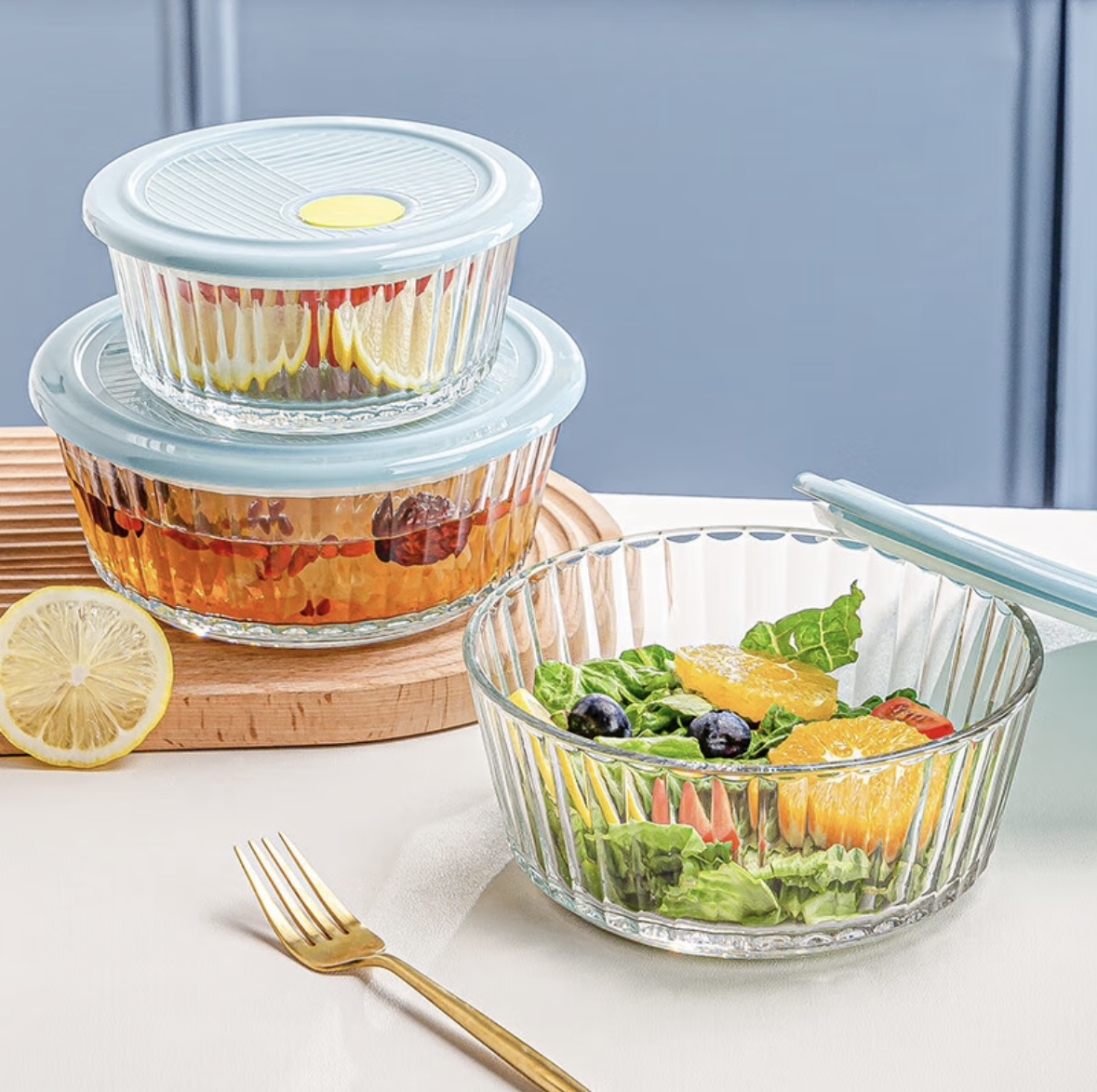 可美瑞特 创意保鲜盒家用玻璃保鲜碗水果冰箱收纳盒水木年华三件套(单位：盒)