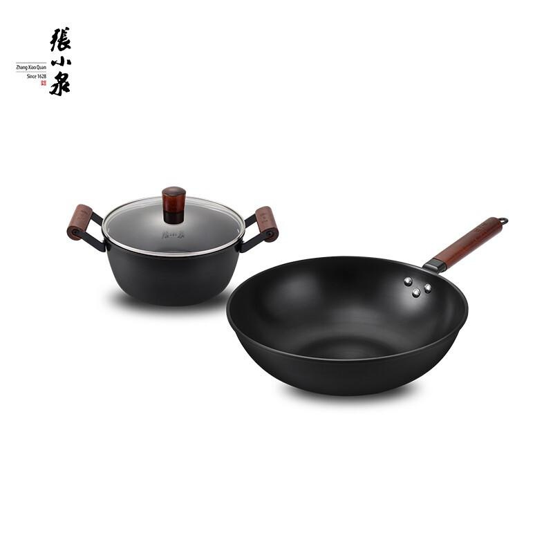 张小泉精铁锅具两件套厨房家用平底炒菜锅炖煮汤锅具 C35382000榉木柄（套）
