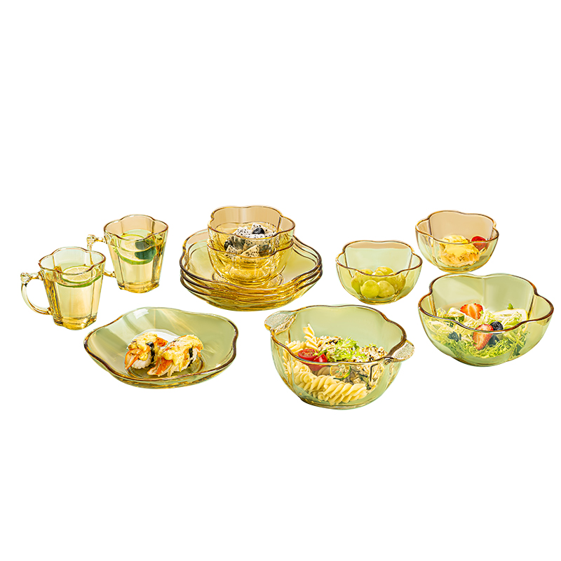 可美瑞特 前程似锦黄色玻璃杯盘碗煲十二件套 YTQCSJ/L12厨具套装(单位：套)