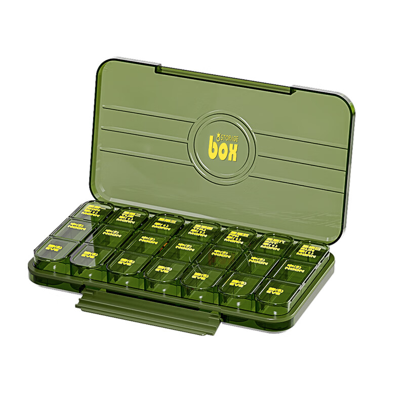 千屿分格储药盒便携式旅行药品分装收纳盒多功能密封防潮21格 23*13*3cm绿色（套）