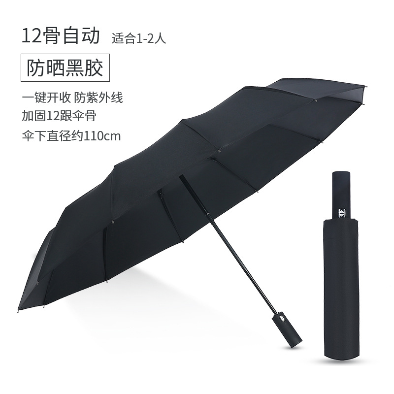 国产三折12骨黑胶自动雨伞（单位：把）起订量：20