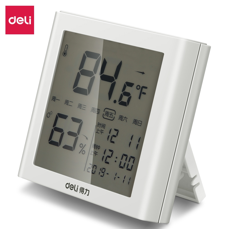 得力（deli）8958 LCD带时间闹钟多功能电子温湿度计白色(单位：个)