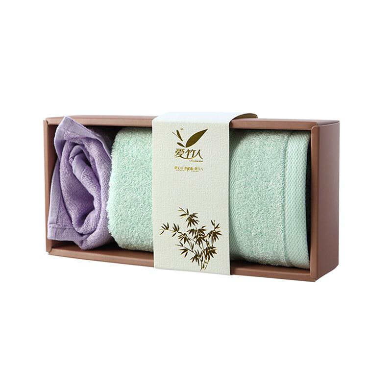 爱竹人 豆沙透明盒1美容毛巾*1竹棉方巾*1蓝色/紫色（组）