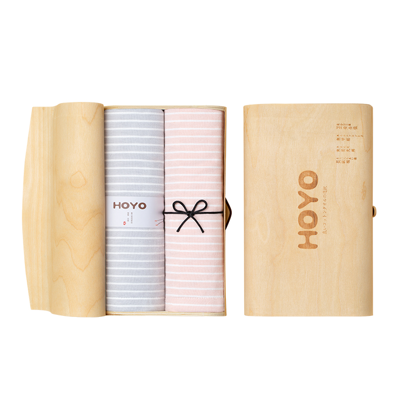 HOYO2520素颜毛巾双条木质礼盒-灰粉 33*72cm（单位：盒）