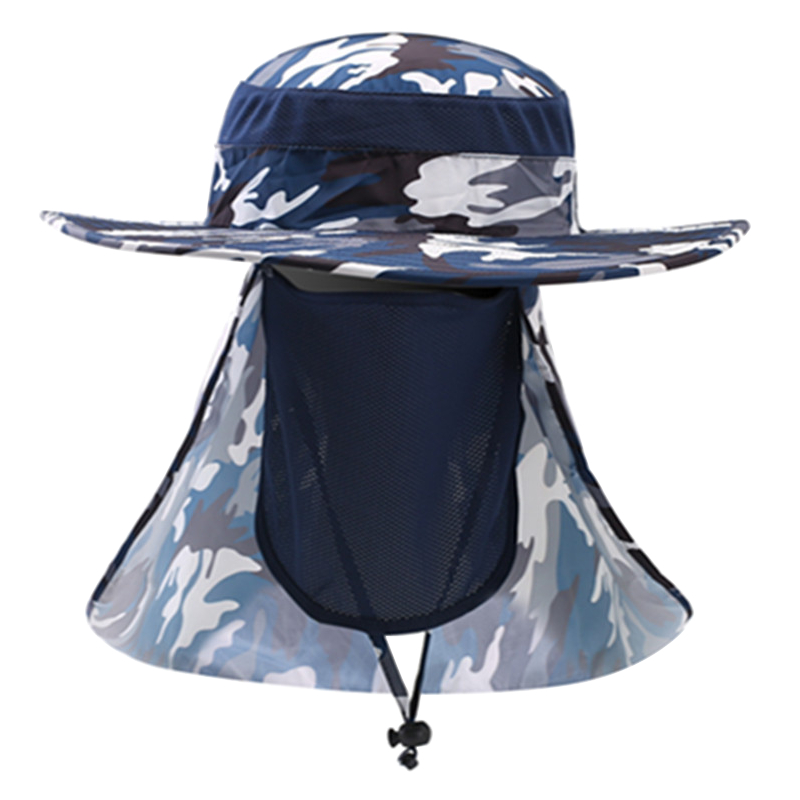 安赛瑞 460055 防晒遮阳帽 户外垂钓帽夏天帽子 可折叠渔夫帽遮脸帽 迷彩藏青色 55-60CM均码(单位：顶)