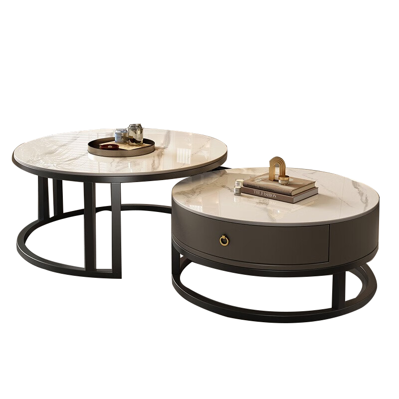 国产 简约现代创意家用圆形桌组合小茶几 60+80cm 黑架灰柜（台）