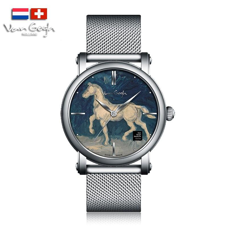 梵高（VanGogh）瑞士手表男3D油画表面钢带马的石膏像Gent 10-1-M星空蓝（块）