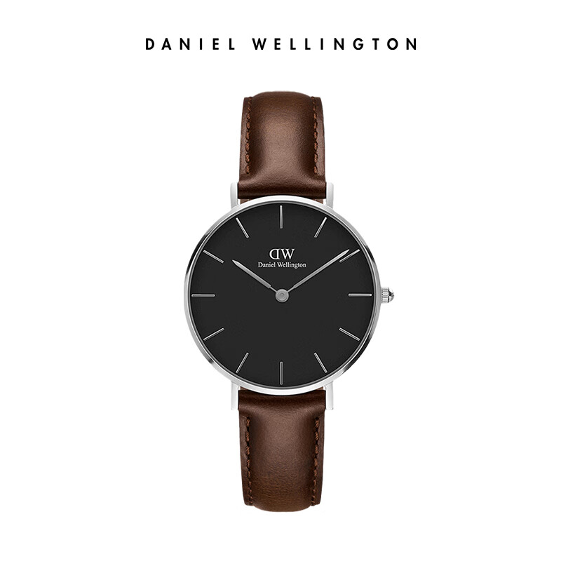丹尼尔惠灵顿（DanielWellington）DW女表32mm银色边黑盘皮带女士手表学生手表圣诞礼物DW00100177(支)