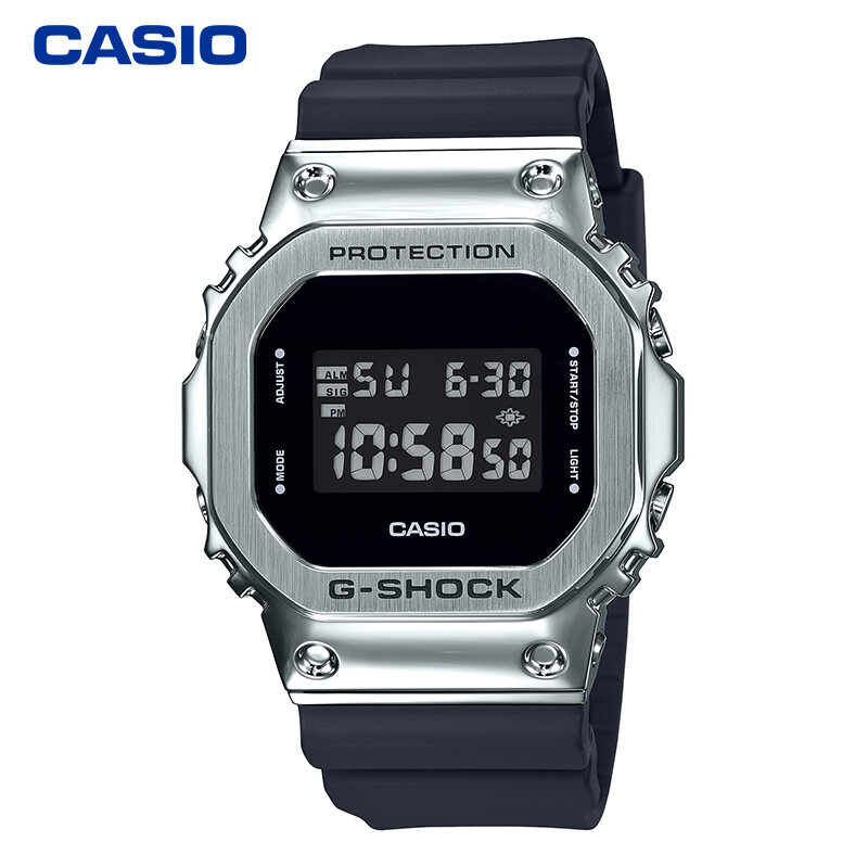 卡西欧（CASIO）G-SHOCK 经典小方块系列 防震电子荧光照明GM-5600-1PR手表炫酷黑银（只）