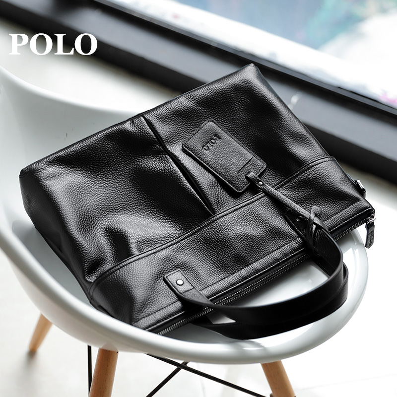 POLO 男士大容量手提包休闲时尚男包头层牛皮商务公文包14英寸 黑色（个）