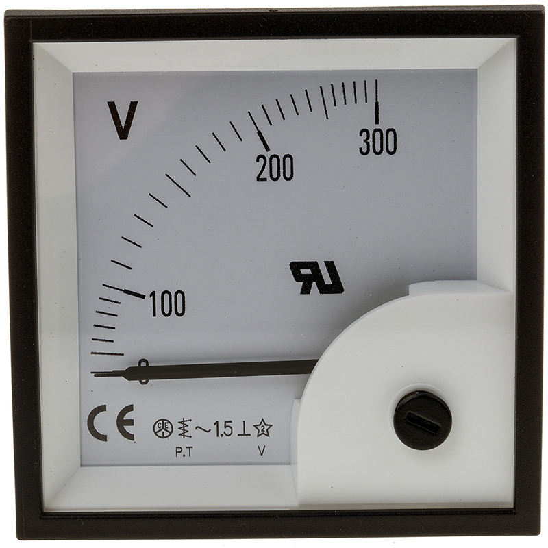 RS Pro 300V 交流 68 x 68 mm 模拟面板电压表 BE72－300V－90－RS, －25°C 至 +50°C (单位:个)